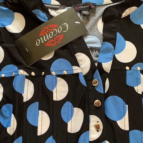 COCOMO Large Black blue white 3/4 sleeve studded women's Pintuck Blouse shirt - Picture 12 of 16